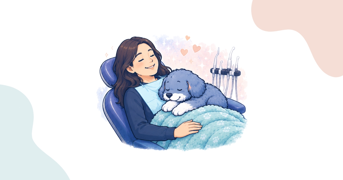Illustration of a relaxed patient in a dental chair with a therapy dog resting on her lap during a dental visit