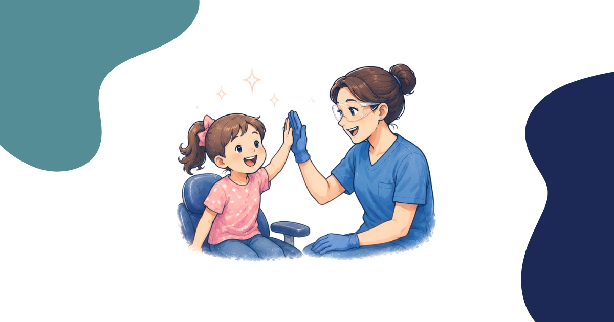 Illustration of a young child giving a high five to a dental team member after a positive visit at Bass Dentistry