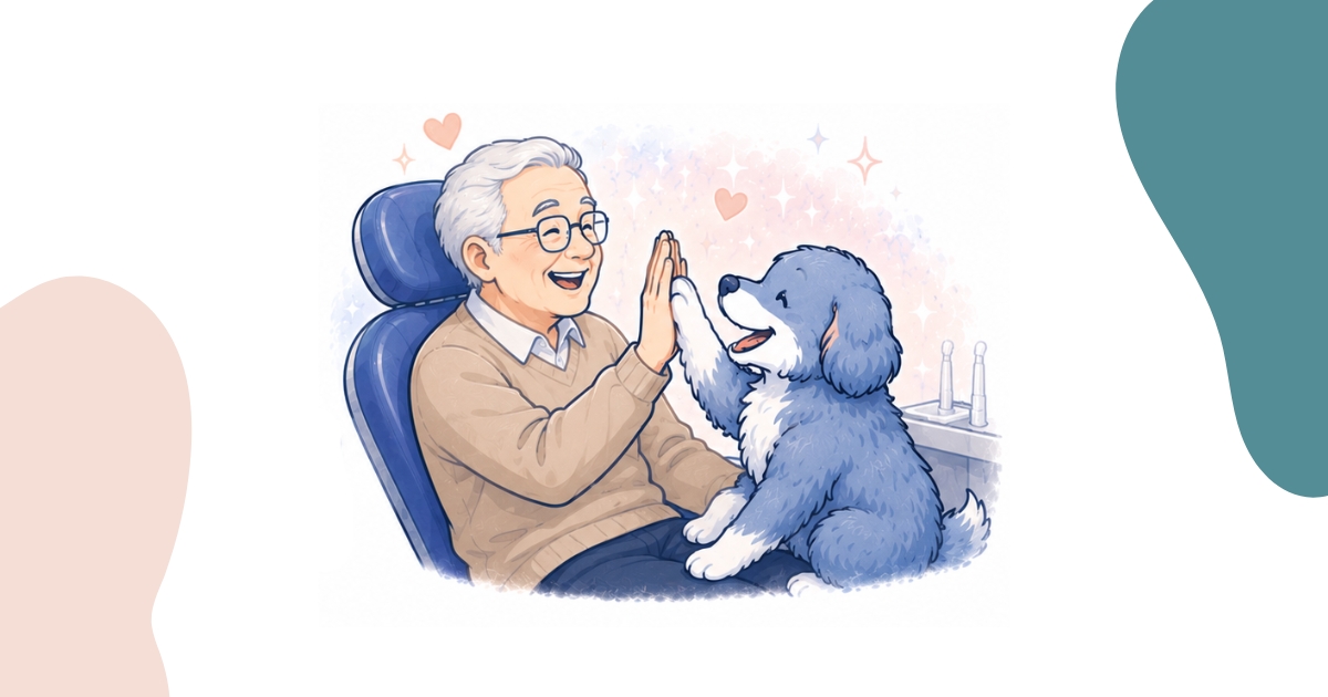 Illustration of an older patient giving a high five to a comfort dog in a dental chair, showing reduced stress during a dental appointment