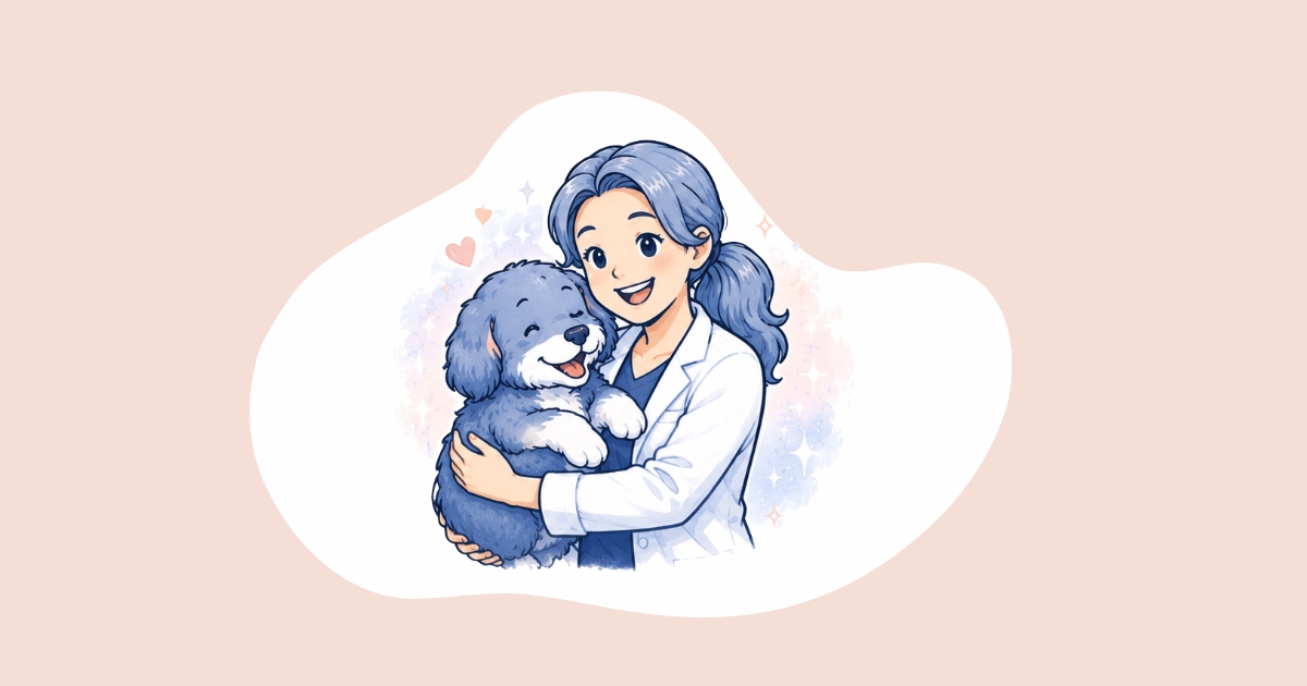 Illustration of a dentist in a white coat joyfully holding a fluffy comfort dog at Bass Dentistry in Gastonia, NC