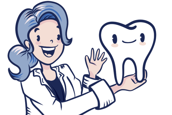 Cartoon illustration of a friendly looking female dentist. She is smiling and holding an oversized, smiling tooth.