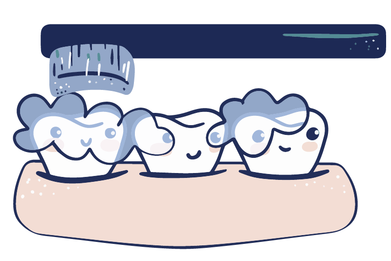 Cartoon illustration of three teeth being brushed by a large toothbrush. They are covered in toothpaste suds.