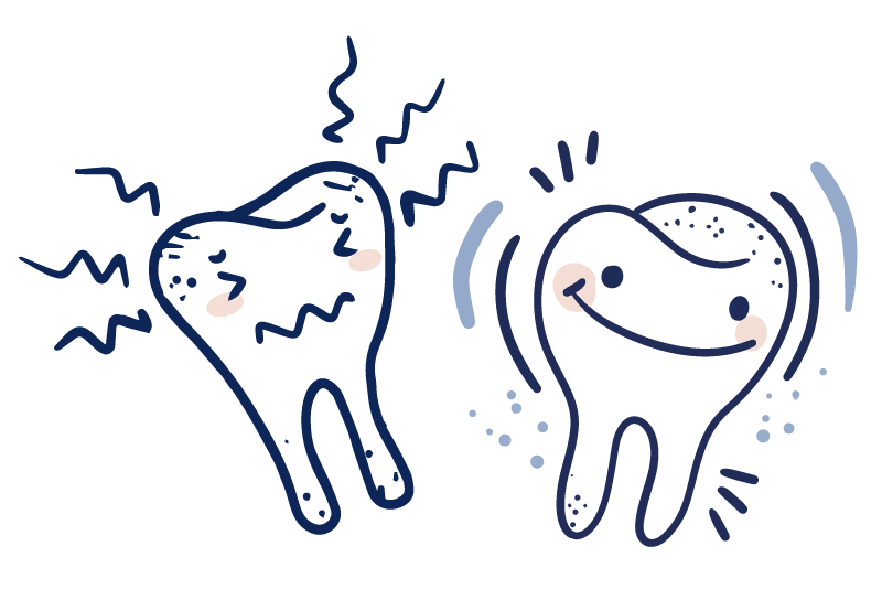 cartoon illustration of two teeth. One appears to be in pain, the other is happy and smiling.