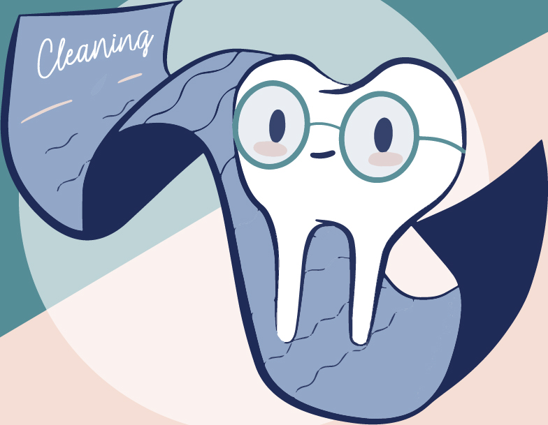 Cartoon illustration of a tooth wearing round classes. The tooth is reading a long list that is labeled "Cleaning."