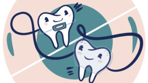 Cartoon illustration of two happy looking teeth. One tooth wears a metal bracket associated with traditional braces, the other is covered by a transparent cap to represent an Invisalign aligner.