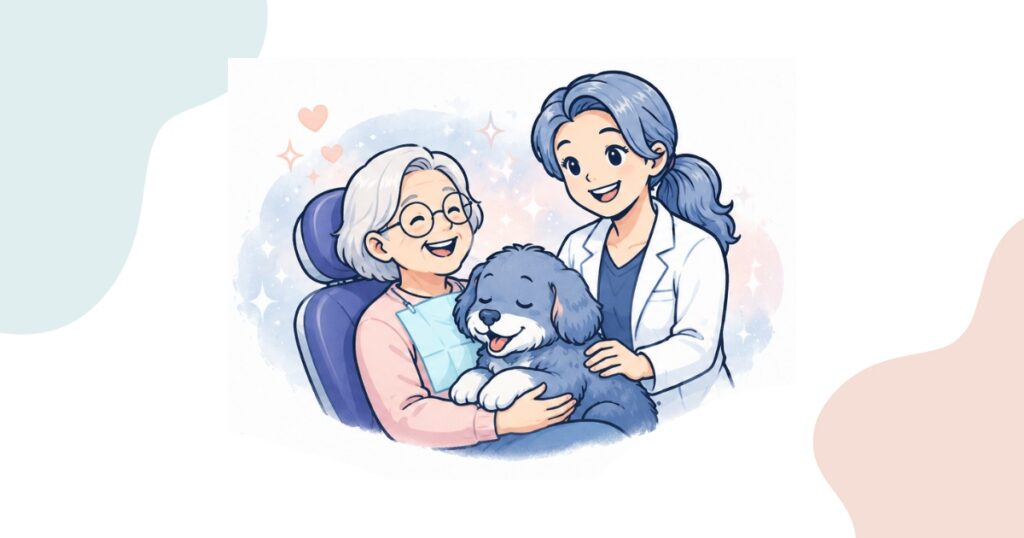 Illustrated elderly patient smiling in a dental chair hugging a therapy dog while Dr. Bass in a white coat stands warmly beside her