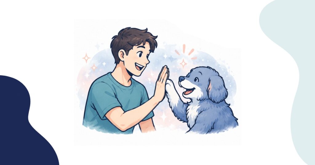 Illustrated young man sharing an excited high-five with a fluffy certified therapy dog against a bright, sparkle-filled background