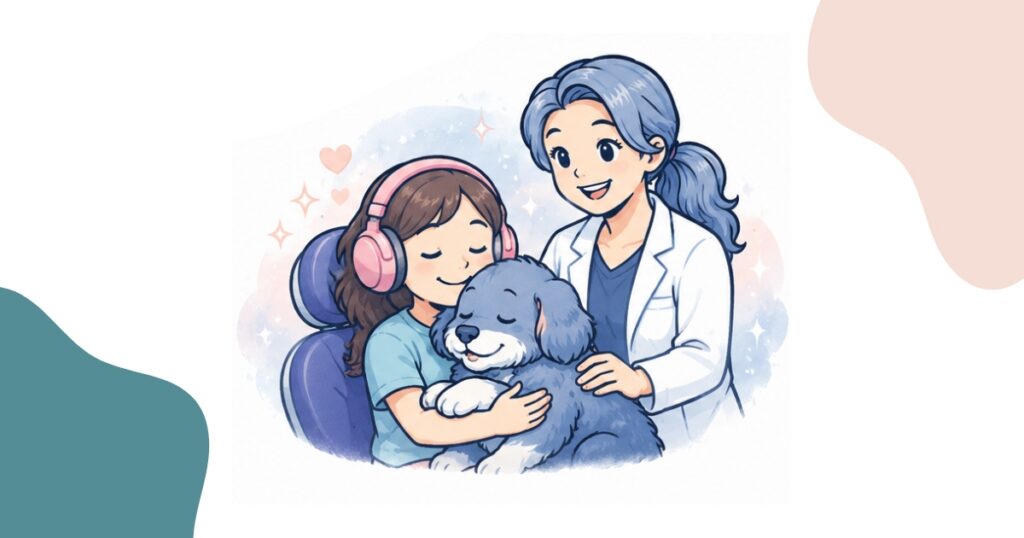 Illustrated child with pink headphones peacefully hugging a therapy dog in a dental chair while Dr. Bass smiles warmly beside her