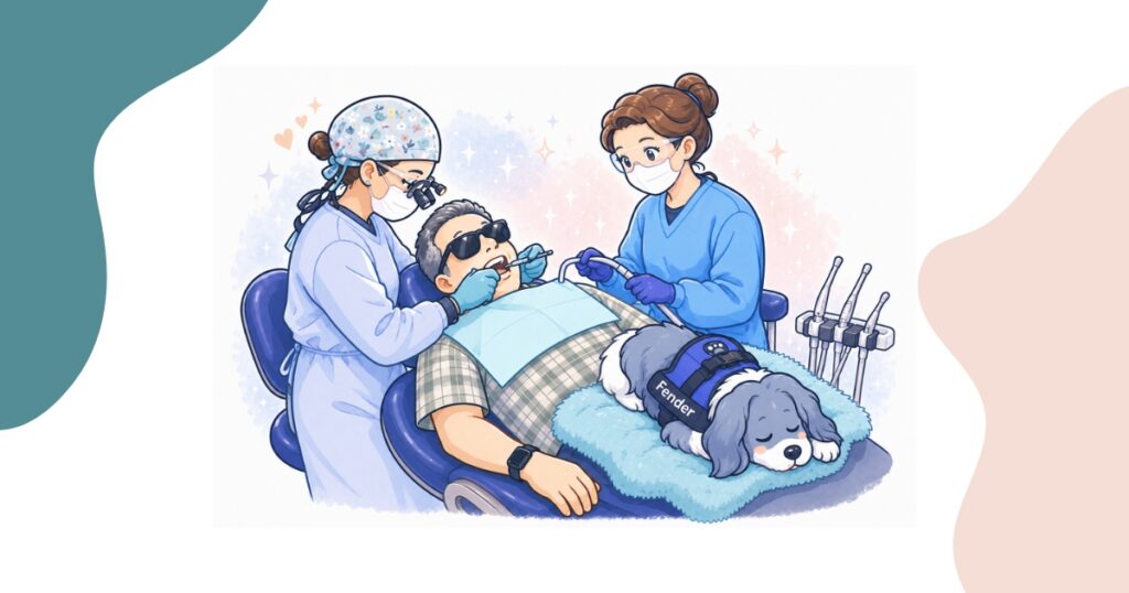 Illustrated patient receiving dental care from Dr. Bass's team while Fender the certified therapy dog rests calmly on his lap