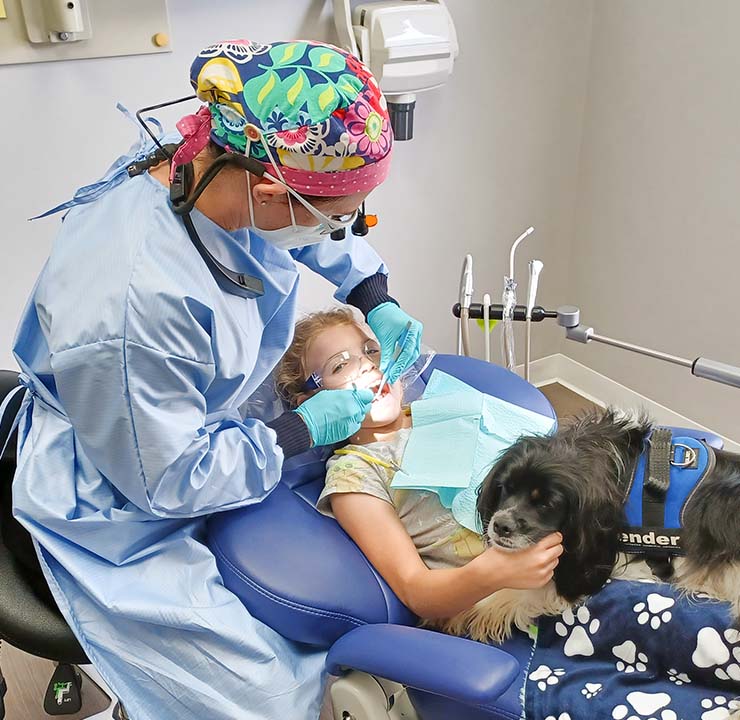 Dr. Bass performs a routine dental procedure on a young girl while Fender the therapy dog comforts the patient.