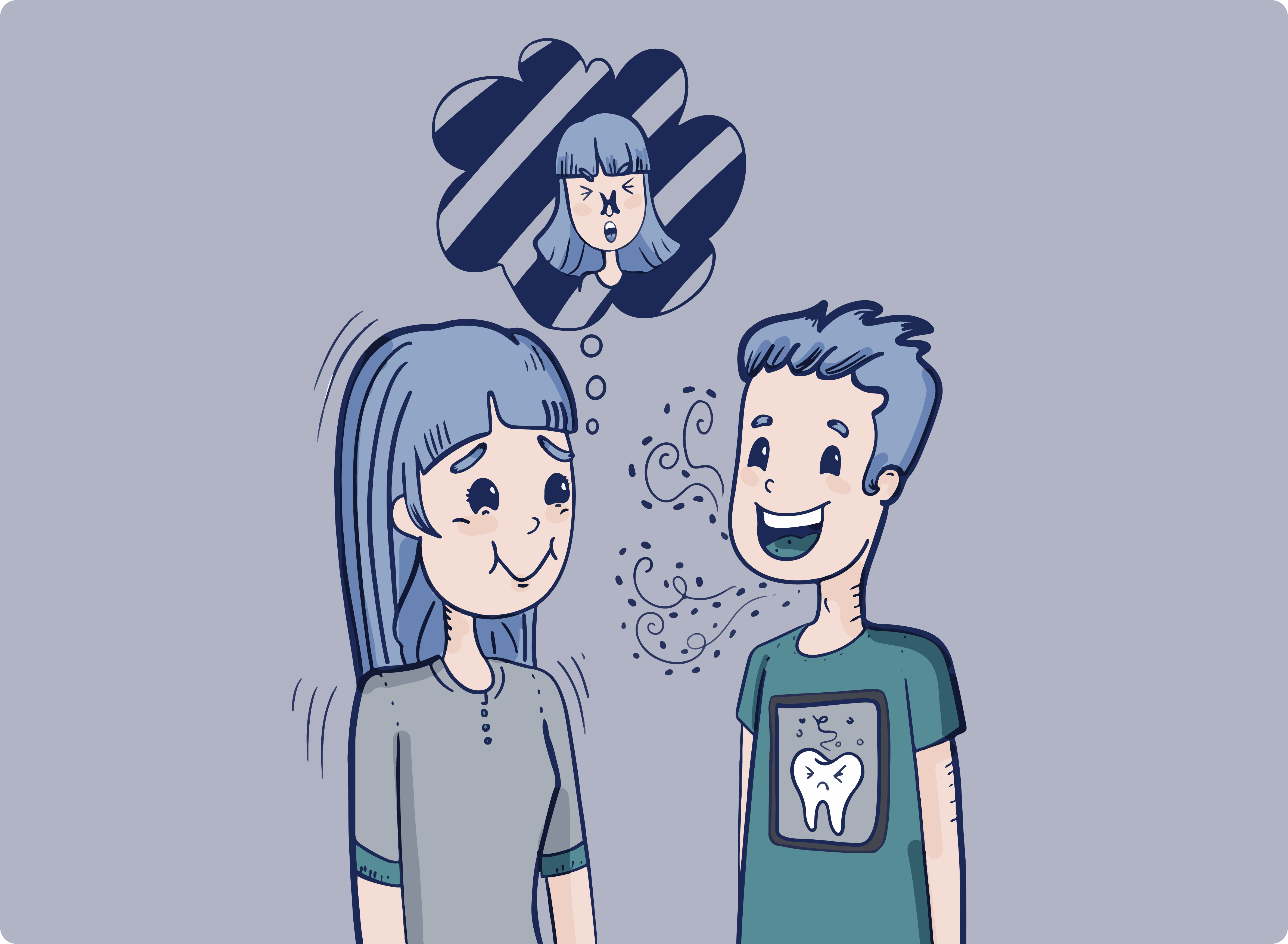 Illustration showing two people talking. One of them has bad breath.