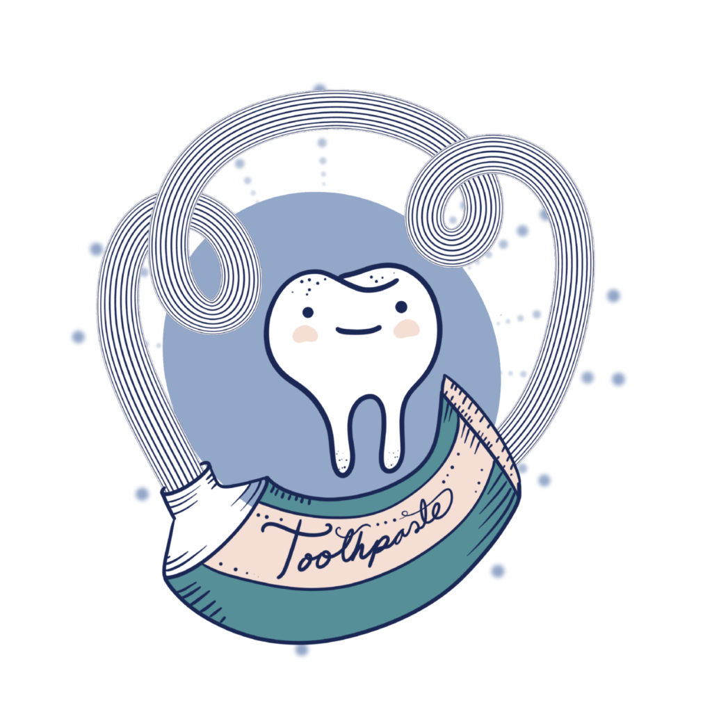 Illustrated tooth surrounded by a tube of toothpaste squirting toothpaste