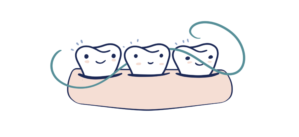 three happy, illustrated teeth in gums with floss interlaced