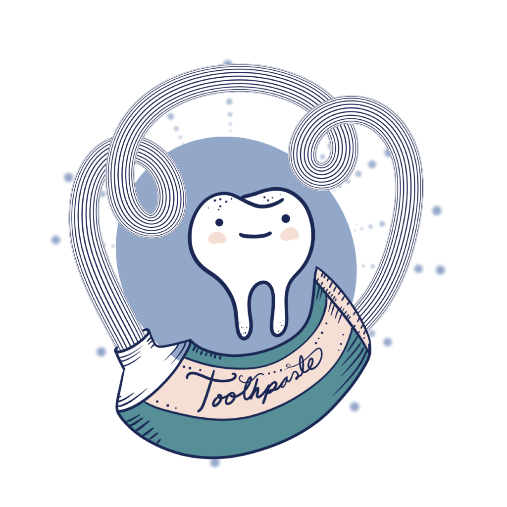 Illustrated tooth surrounded by a tube of toothpaste squirting toothpaste