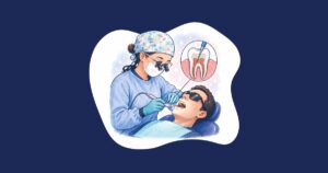 Illustrated dental provider performing a root canal procedure on a relaxed patient, with a close-up view of the infected tooth root being treated.