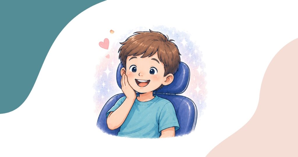 Smiling young boy sitting comfortably in a dental chair, showing that even a root canal procedure can feel like a positive, stress-free visit.