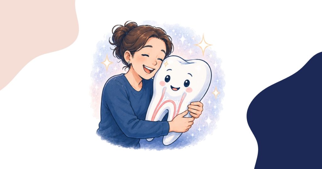 Woman happily hugging an oversized cartoon tooth, symbolizing the goal of preserving a natural tooth during a root canal procedure.