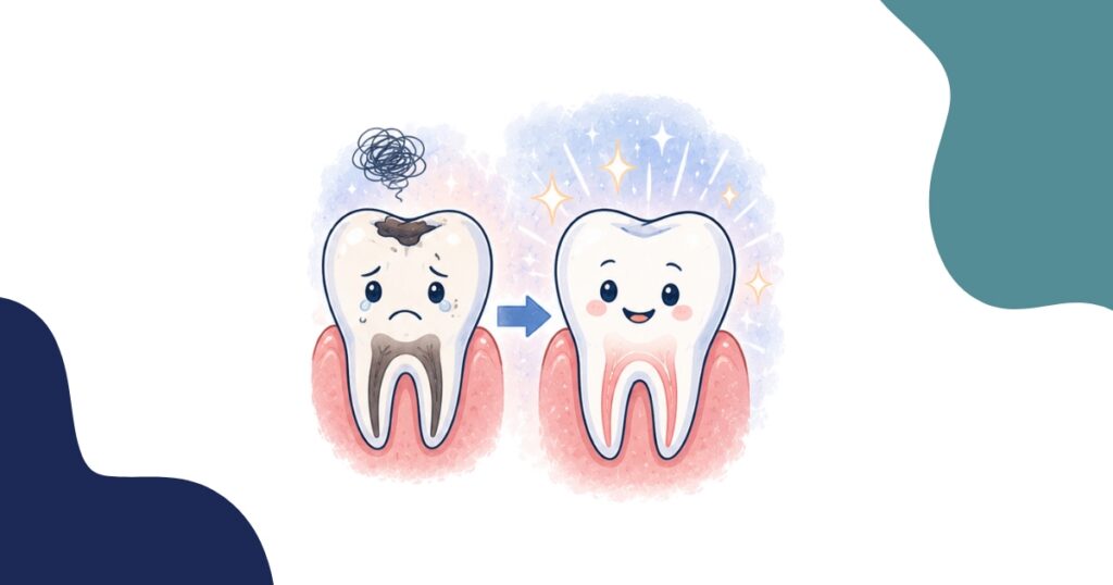 Illustration of a decayed, infected tooth transformed into a healthy smiling tooth, representing the successful outcome of a root canal procedure.