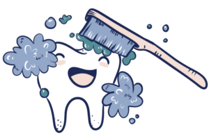 Illustration of a happy tooth being brushed by a large toothbrush