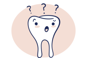 Cartoon illustration of a confused looking tooth with question marks over its head.
