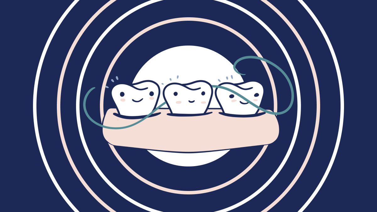 Cartoon illustration of three happy teeth accompanied by a strand of dental floss.