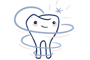 Cartoon illustration of a smiling white tooth surrounded by blue and pink swirls to symbolize knowledge.