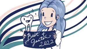 Cartoon illustration of Dr. Diana Bass. She is holding a sign that says "Best of Gaston 2022"