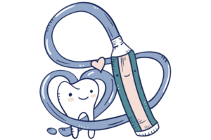 Cartoon illustration of a happy looking tooth and a smiling tube of toothpaste.