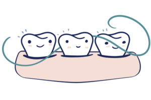 Cartoon illustration of three happy-looking teeth. There is a string of green dental floss looped between them.