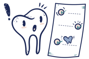 Cartoon illustration of a tooth reacting with surprise to a list of dental services offered.