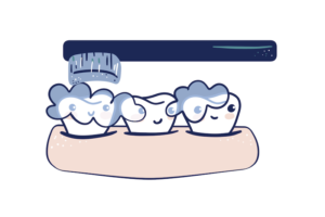 An illustration of happy-looking teeth being brushed