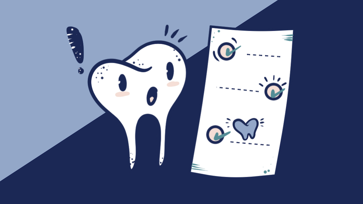 An Illustration depicting emergency dental service of a tooth reading a list of dental care procedures.