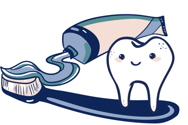 Illustration of a tooth with a toothbrush and tube of toothpaste