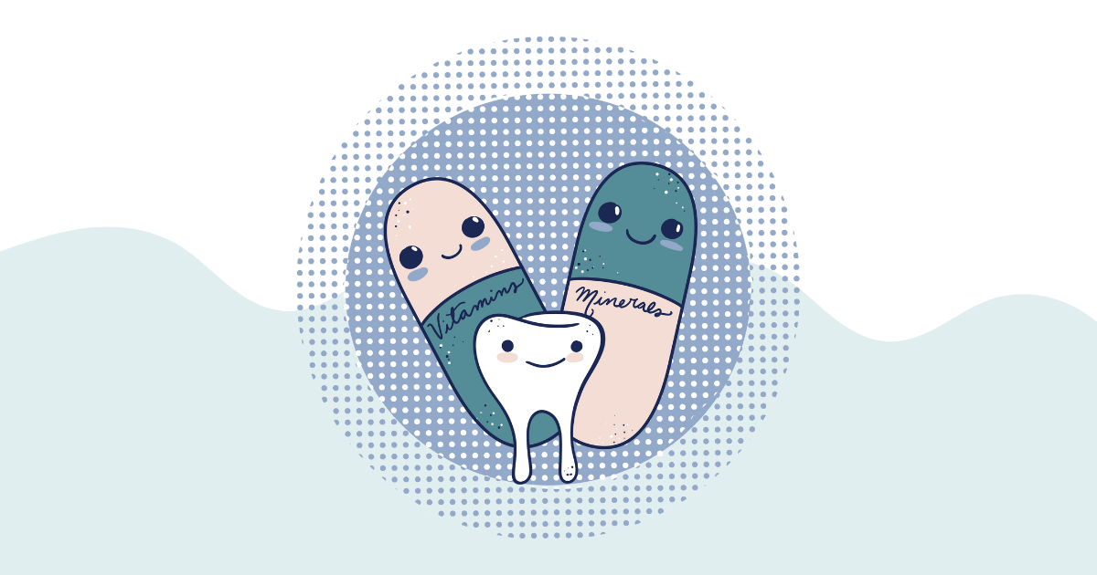 Illustration of a tooth with large vitamin and mineral pills