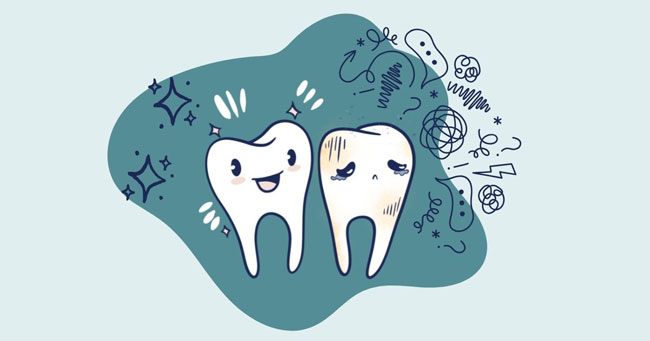 A graphic of two teeth, one showing clear signs of anxiety, conveying the article's lesson on how to overcome dental anxiety in kids.