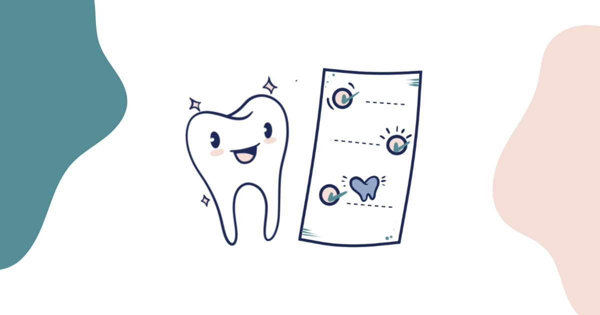 Illustration of a happy, sparkling tooth beside a checklist with completed tasks, representing the successful outcomes of a comprehensive cosmetic dental treatment process aimed at achieving a healthy and beautiful smile.