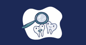 Illustration of two cartoon teeth, one with braces and the other with a clear retainer symbolizing Invisalign, under a magnifying glass, representing crooked teeth and solutions for how to fix crooked teeth.