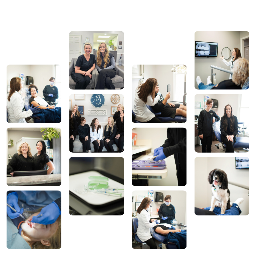 A collage of images showcasing a welcoming dental office, with friendly staff, modern dental equipment, and a comforting environment, including a therapy dog. The photos highlight patient care, consultations, and procedures, emphasizing the expertise and patient-friendly approach of a Gastonia family dentist.
