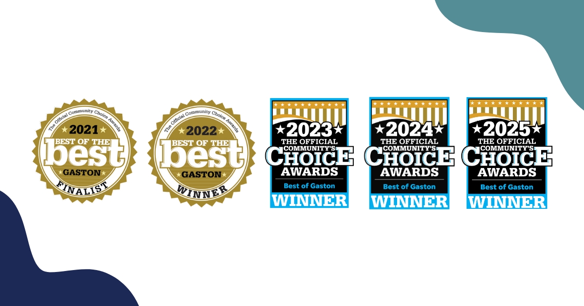 A collection of five award badges highlighting Best of Gaston recognition: a 2021 finalist badge, a 2022 winner badge, and three consecutive winner plaques for 2023, 2024, and 2025 from the Official Community’s Choice Awards.