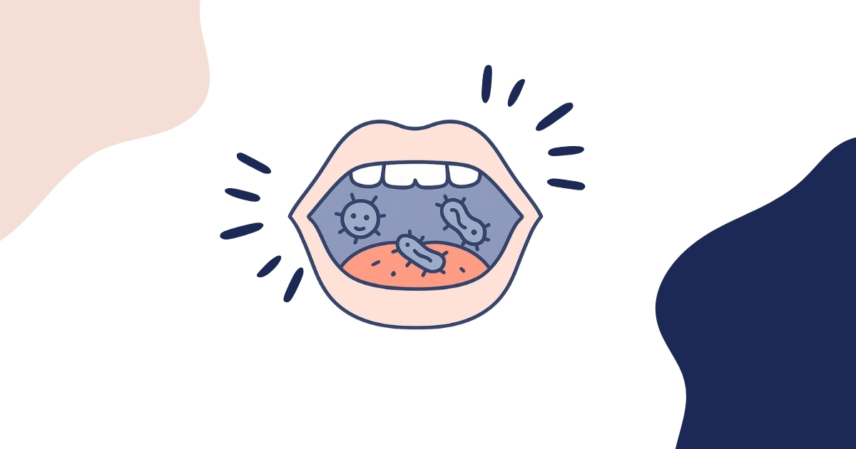 Illustration of an open mouth with cartoon germs on the tongue and inner cheeks. Symbolizes the presence of microbes in the oral microbiome and their potential impact on systemic health.