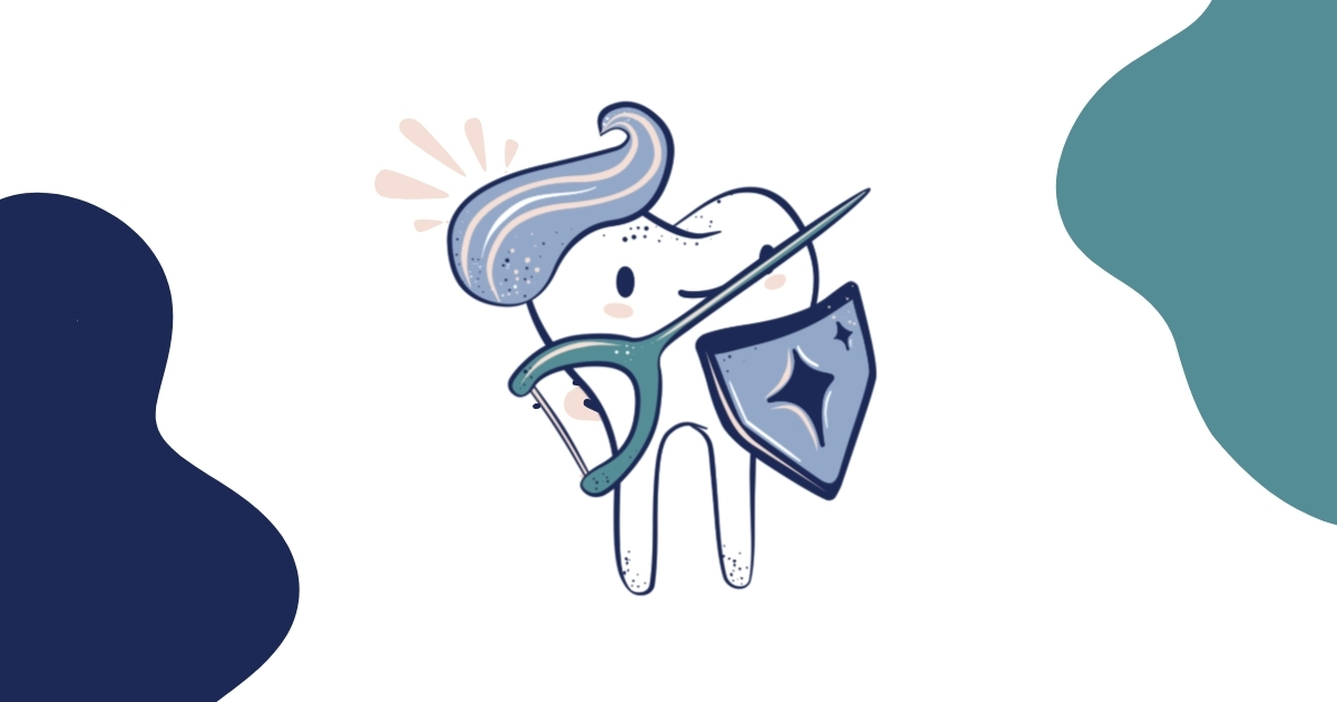 Cartoon tooth holding a floss pick and a shield while wearing toothpaste like a helmet. Depicts the tooth as a defender of oral microbiome health and the oral systemic link.