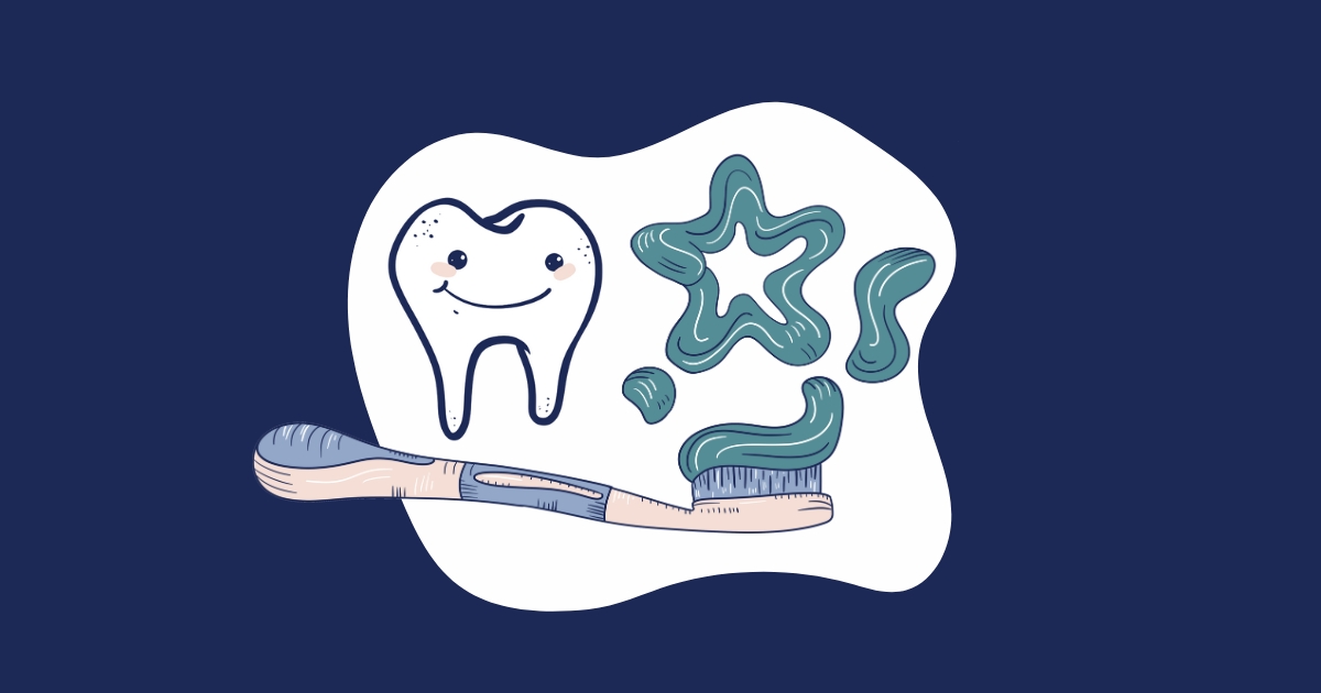 Illustration of a smiling tooth next to a toothbrush with swirled toothpaste and playful green paste shapes. Represents how brushing supports a balanced oral microbiome, which plays a vital role in systemic health through the oral systemic link.