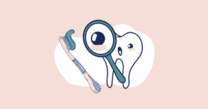 A smiling cartoon tooth and toothbrush under a magnifying glass, illustrating how dental hygienists support oral hygiene and preventative dental care at Bass Dentistry.