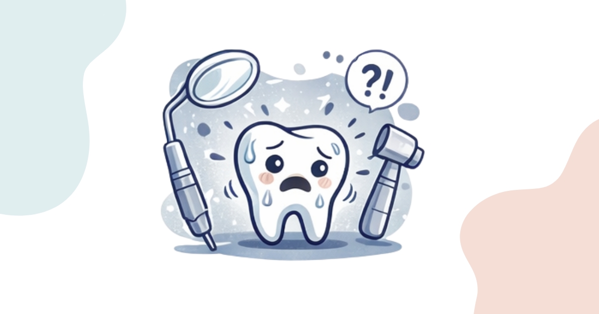 Cartoon of a scared, sweating tooth surrounded by dental tools, symbolizing dental anxiety and fear of the dentist.
