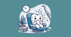 Illustration of a nervous cartoon tooth sitting in a dental chair, anticipating treatment, representing dental anxiety in the waiting room.