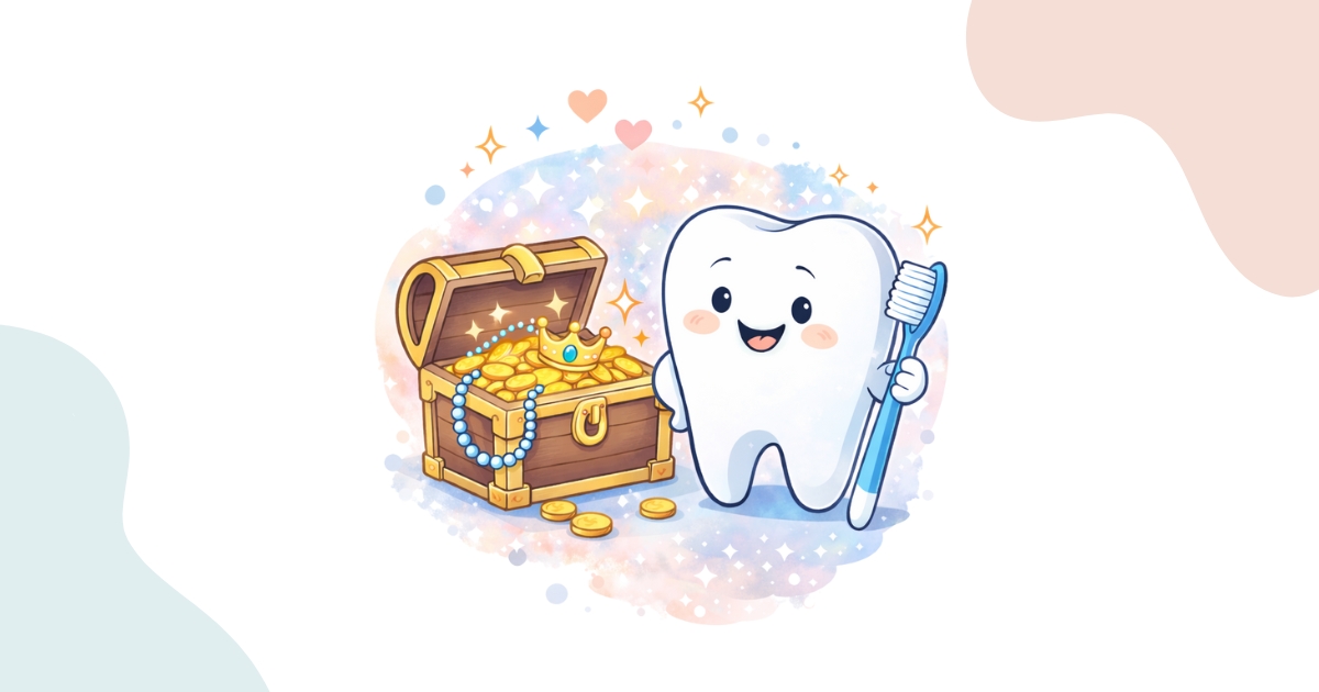Smiling cartoon tooth holding a toothbrush next to a treasure chest, symbolizing the value of early dental care and dentistry for kids.