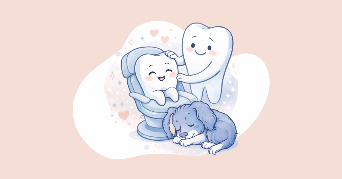 Happy cartoon tooth at a dental visit with a comforting tooth companion and therapy dog, representing a gentle first dental visit for kids.