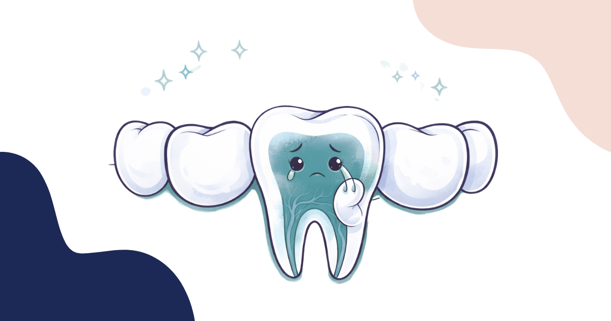 Cartoon illustration of a crying tooth showing inflamed dental pulp, representing signs of pulpitis