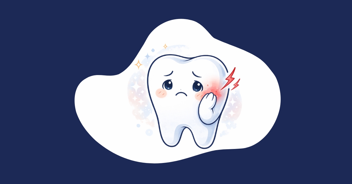 Cartoon tooth experiencing tooth nerve pain with red inflammation, illustrating what is dental pulp discomfort