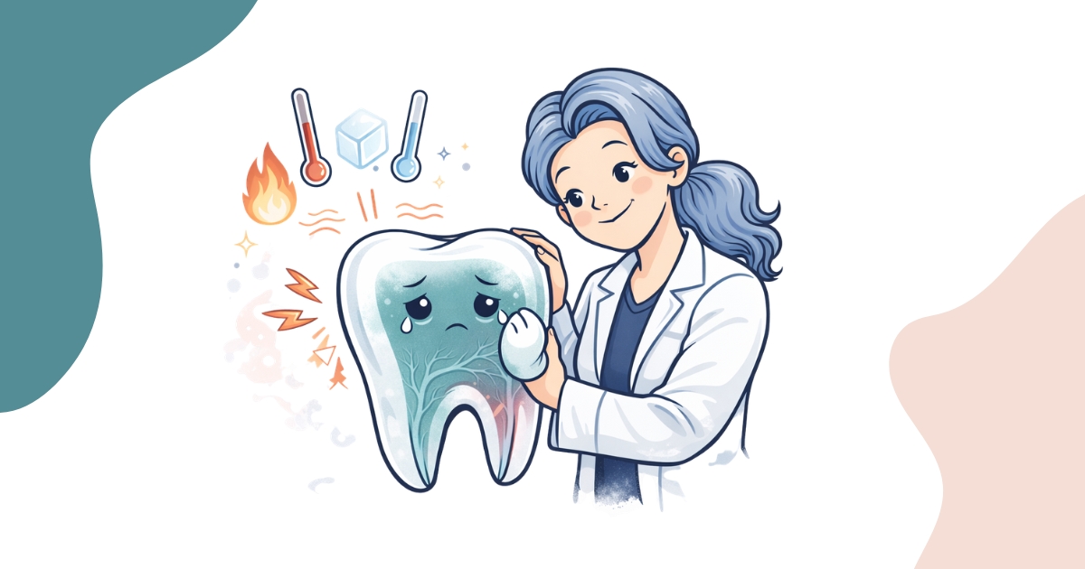 Cartoon dentist examining a tooth nerve with hot and cold sensitivity symbols, illustrating pulpitis symptoms